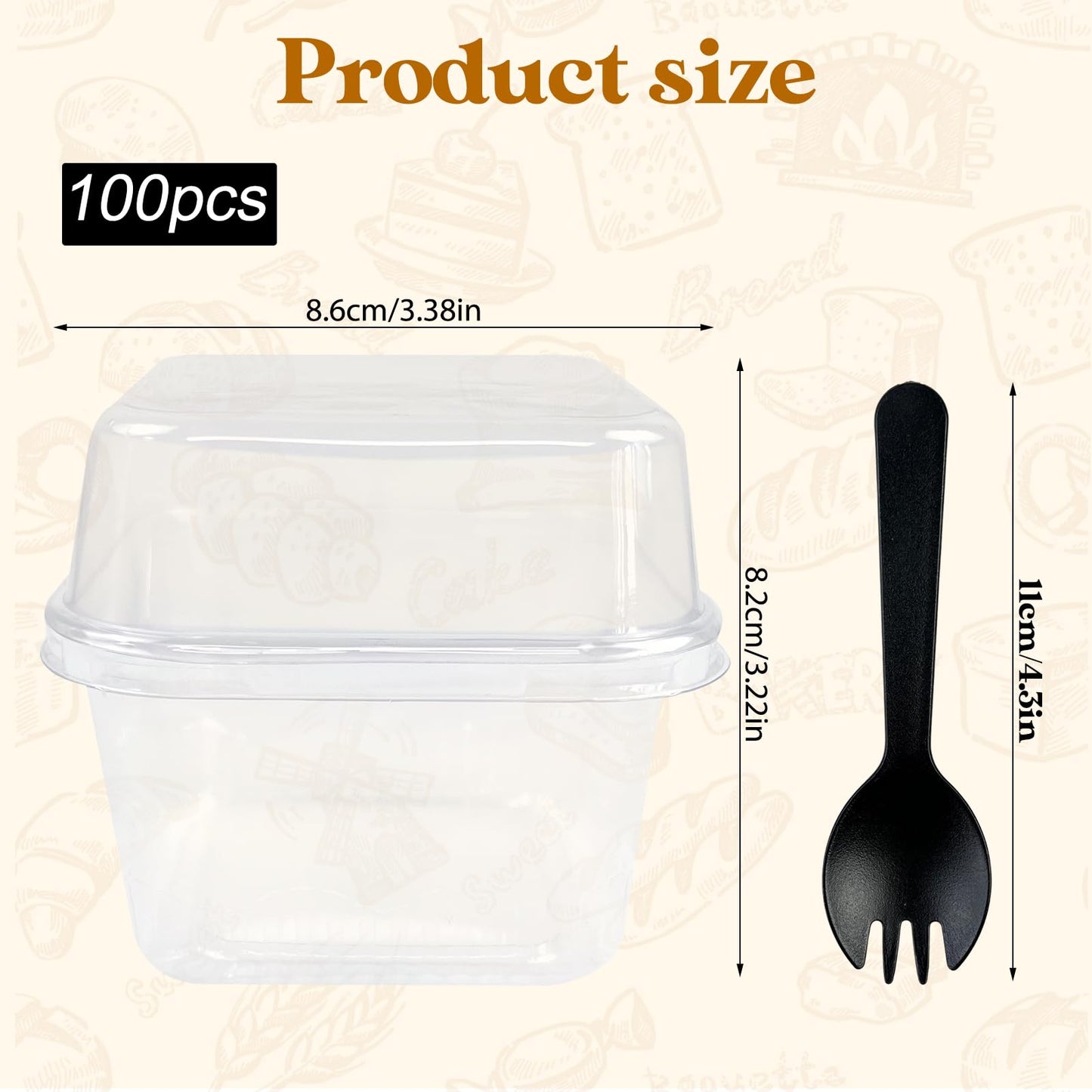 100 Pack Disposable Clear Plastic Cups Ice-cream Cups with Lids and Sporks, 8 oz Square PET Sundae Dessert Cups for Iced Coffee Cold Drinks Frozen Yogut Fruits Jello Snacks Bubble Boba Juice Milkshake