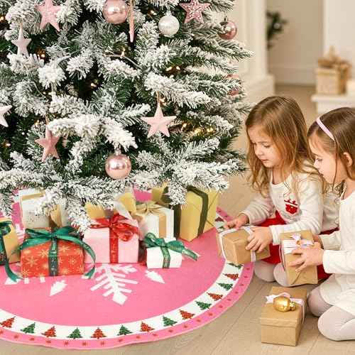 MACTING Christmas Tree Skirt, 30 Inch Round Pink Polyester Christmas Tree Skirts with Big Snowflake and Christmas Tree Printed for Holiday Party Rustic Xmas Tree Decoration