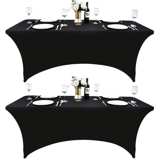 ZarzaaSik 2-Pack 4ft Black Spandex Table Covers for Rectangular Folding Tables - Wrinkle Resistant Stretch Tight Table Cloths - Ultimate Fitted Table Protector for Parties, Banquet, and Wedding