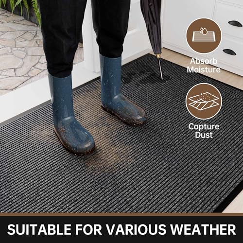 3' x 5' Heavy Duty Indoor Outdoor Doormat - Gray Stripe Non-Slip Rug
