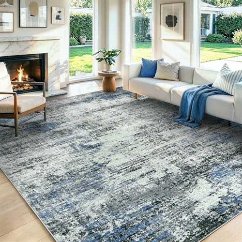 Blue Grey Lemonrug 8x10 Large Washable Non-Slip Modern Abstract Area Rug
