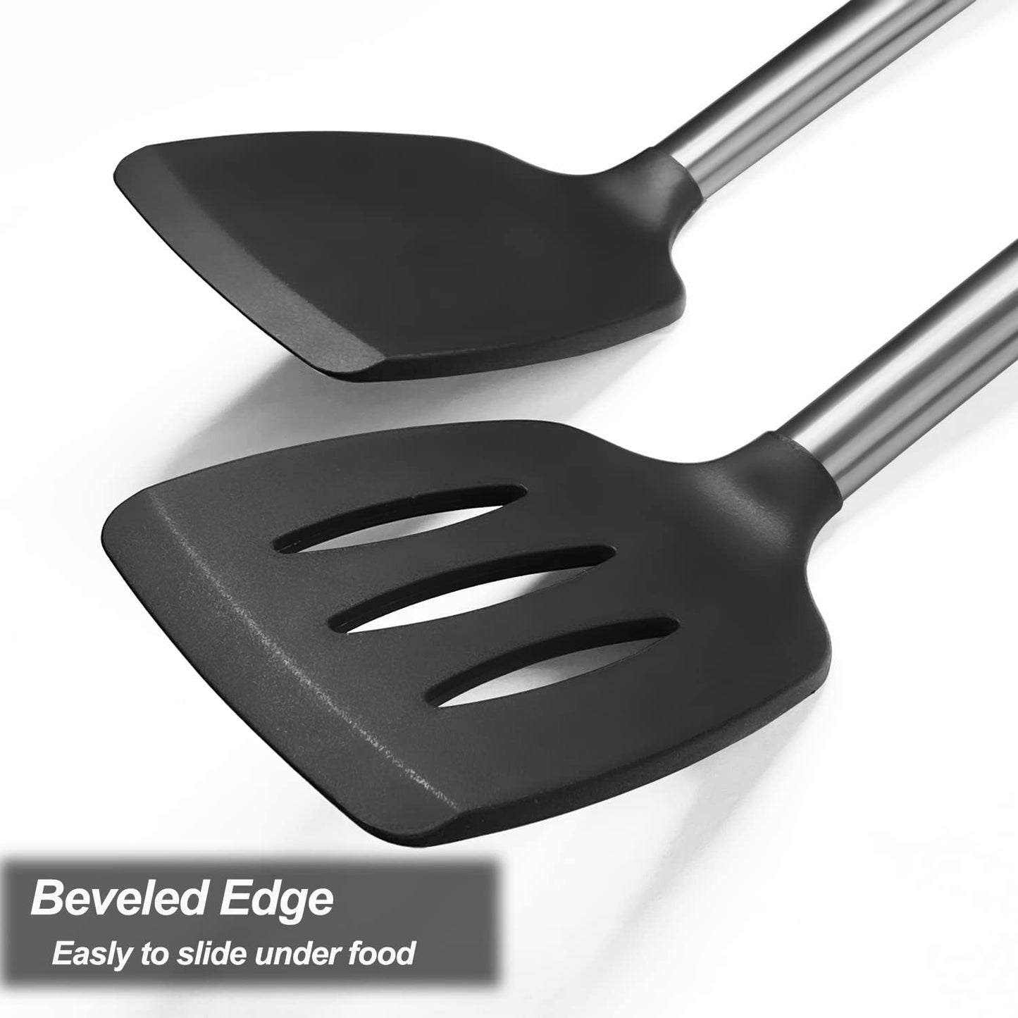 Skiennix Silicone Spatula Set - 2 Pack Solid & Slotted Turners with Stainless Steel Handles | Heat Resistant, Non-Stick, Black