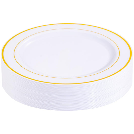 bUCLA 30PCS White and Gold Plastic Dinner Plates Disposable - 10.25inch Premium White Gold Rim Plates, Ideal for Wedding & Party