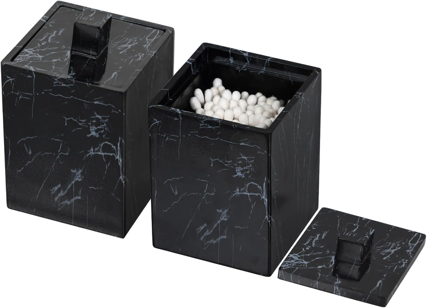 Jung Ford Cotton Swab Holders - 2-Pack Marble Pattern Resin Storage Jars for Bathroom | Black