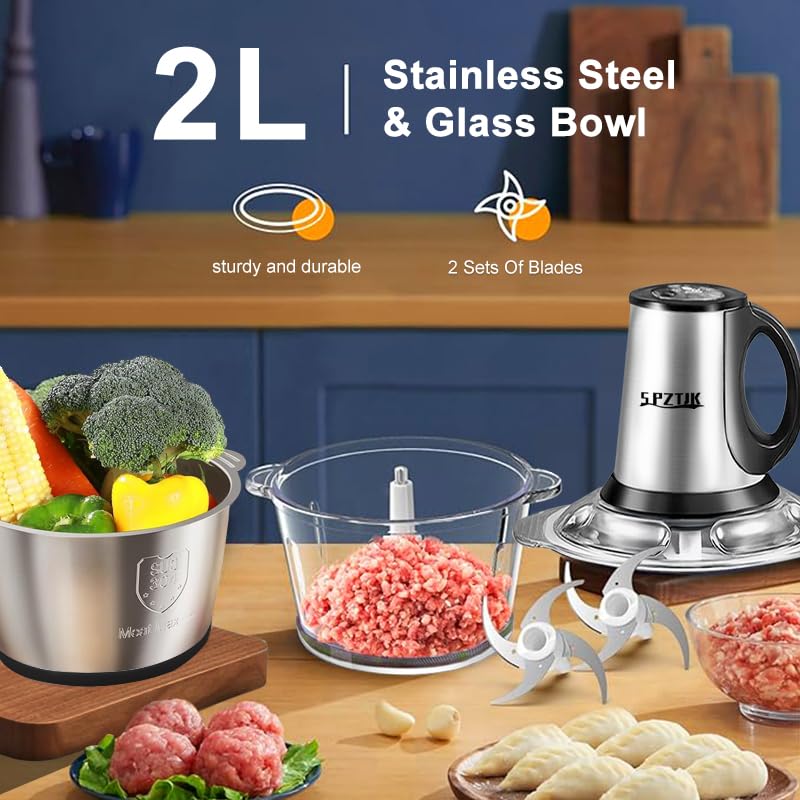 Electric Food Processor with Dual 8-Cup Stainless Steel & Glass Bowls - 3-Speed, Quiet Kitchen Chopper & Grinder