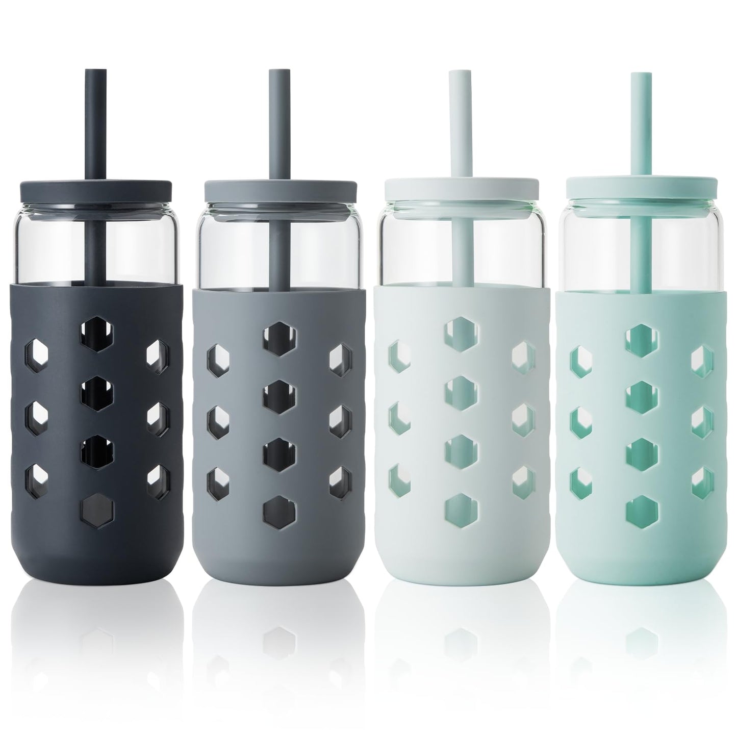 Mrsdry Glass Cups with Lids and Straws (4 Pcs), 20oz Drinking Glasses Set with Silicone Sleeves for Coffee Bar Accessories Iced Coffee Cups with Lids, Glass Tumbler Reusable for Gifts