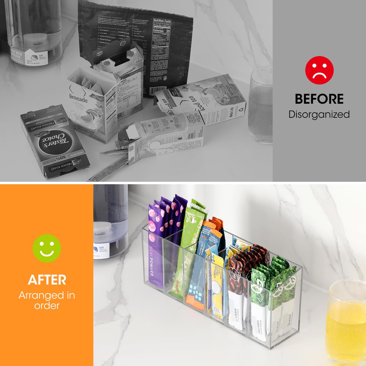 AIEVE Drink Packet Organizer, 360° Rotating Lazy Susan Turntable Powdered Drink Mix Holder, Acrylic Water Packet Container for Pantry Organizer Kitchen Storage Organization (Round)