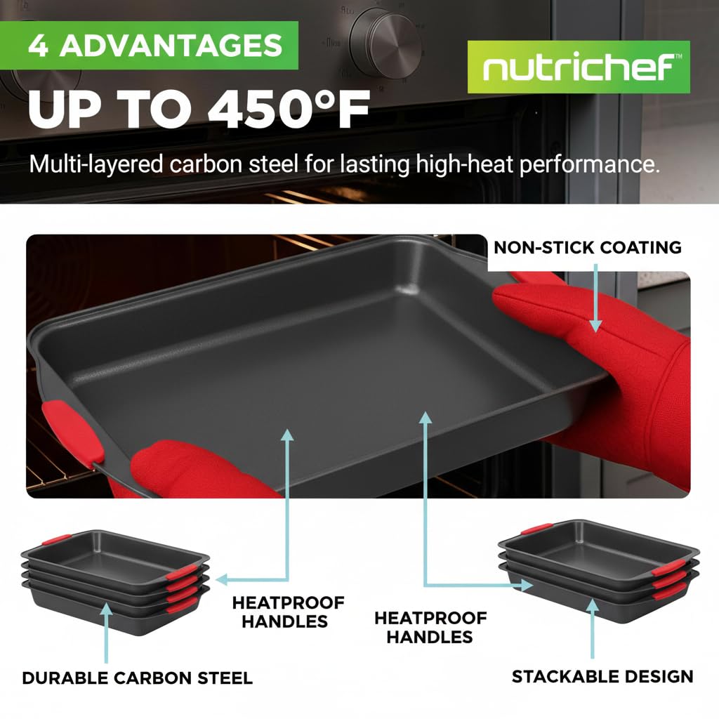 NutriChef 10-Piece Nonstick Kitchen Oven Baking Pans - Premium & Stylish Non-Stick Carbon Steel - Commercial Grade Restaurant Quality Metal Bakeware with Silicone Handles - Easy to Clean, NCSBS10S