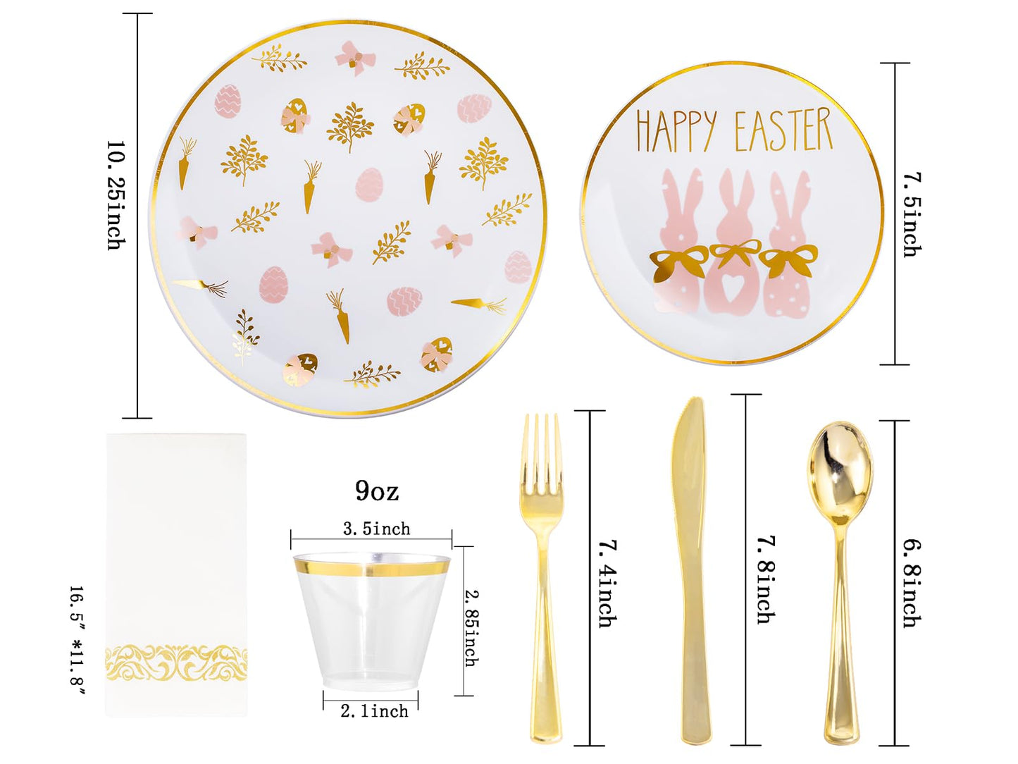 Morejoy 175pcs Easter Plastic Plates,Bunny Plates,Easter White & Pink Plates Disposable include 25Dinner Plates,25 Salad Plates,25 Cups,25 Forks,25 Knives,25 Spoons,25 Napkins Perfect for Party