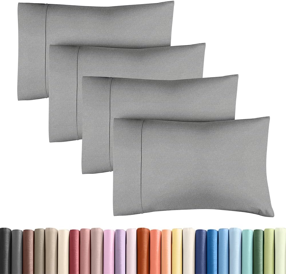 King Standard Pillow Cases Set of 4 - Soft Hotel Quality Covers - Comfy & Machine Washable - Heathered Grey