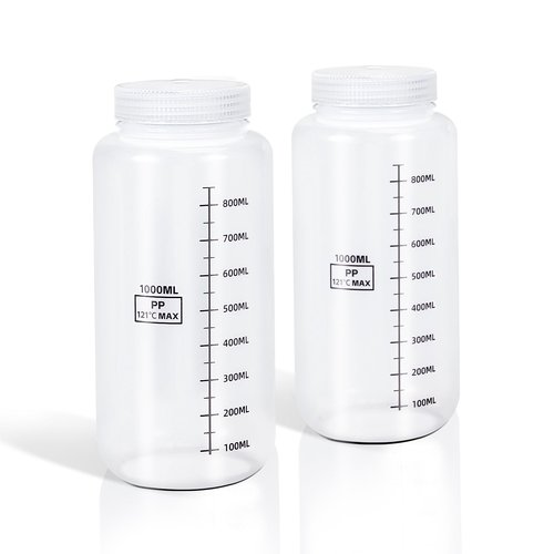 DEMORA Plastic Bottles with Airtight Caps 32oz/1000ml, Food Grade Wide Mouth Liquid Containers, Reusable PP Graduated Plastic Bottles for Water Sample Lab Reagent Liquids Mixing (Clear, 2 Pcs)