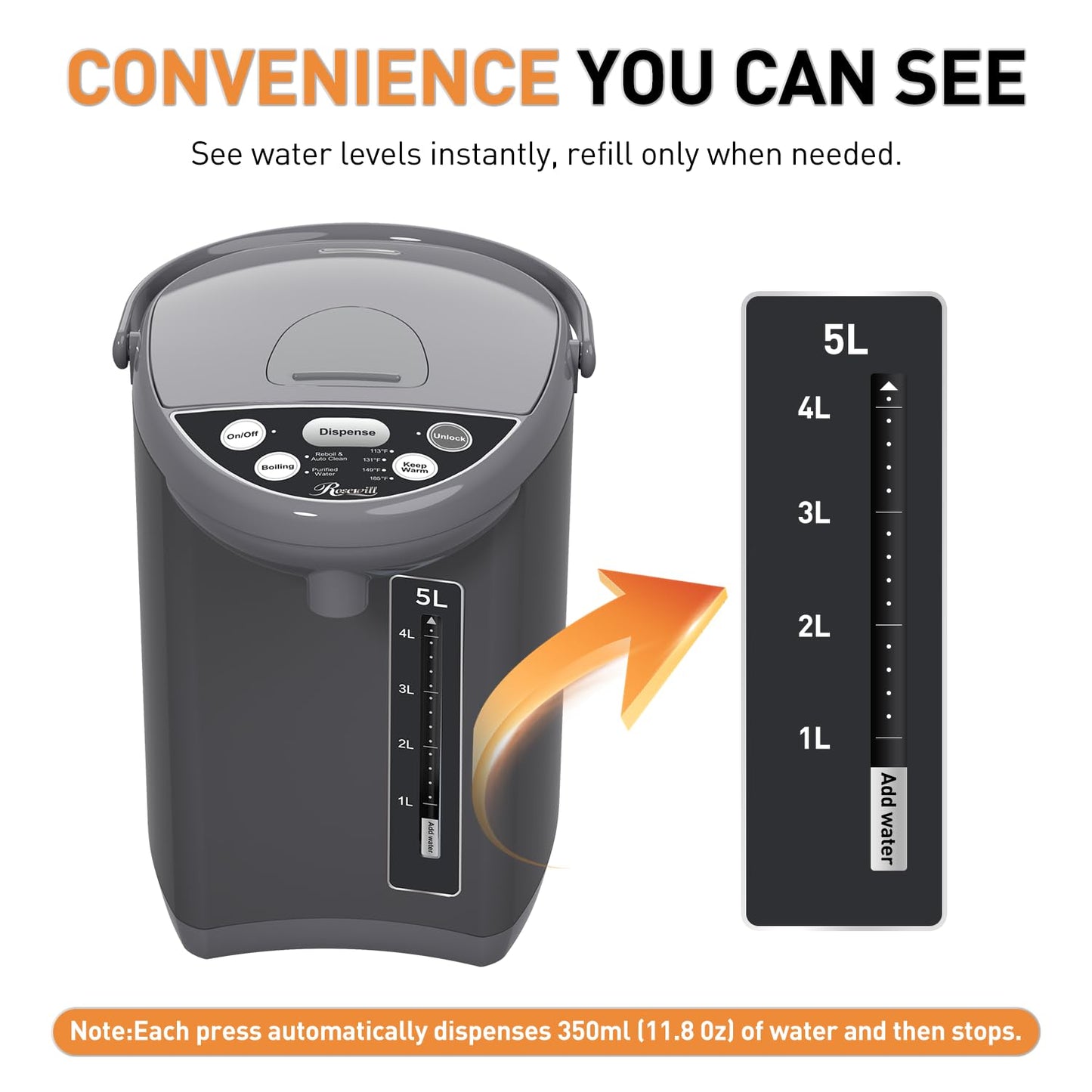 Rosewill Electric Water Boiler and Warmer - 5L/5.3 Qt Stainless Steel Hot Water Dispenser w/Rotating Base, Keep Warm Temperature Set, Auto Shut Off, Safety Lock - Gray