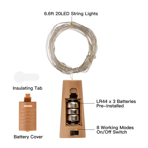 Brightown Wine Bottle Lights with Cork, 10 Pack 20 LED Waterproof Battery Operated Cork Lights, Silver Wire Mini Fairy Lights for Liquor Bottles DIY Party Christmas Wedding Décor, Pure White