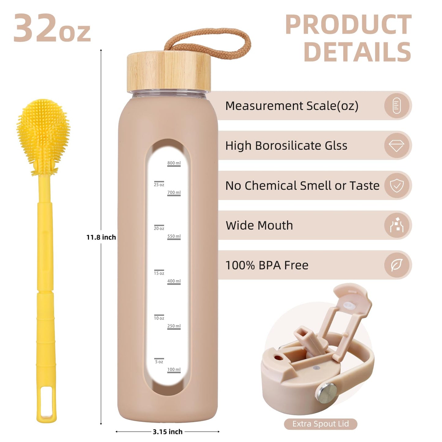 Olivego 32 oz Glass Water Bottle with 2 Lids-Handle Straw Lid & Bamboo Lid,1 Liter Motivataional Tumbler Water Bottle Time Marker, Borosilicate Glass Water Bottles With Silicone Sleeve, Leakproof
