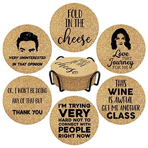 Funny Drink Coasters for SC Fans, 6 Pcs Coffee Coasters with Metal Holder, Fold in The Cheese TV Show Coasters, Cute Birthday Housewarming Gifts for Women Men Coworkers