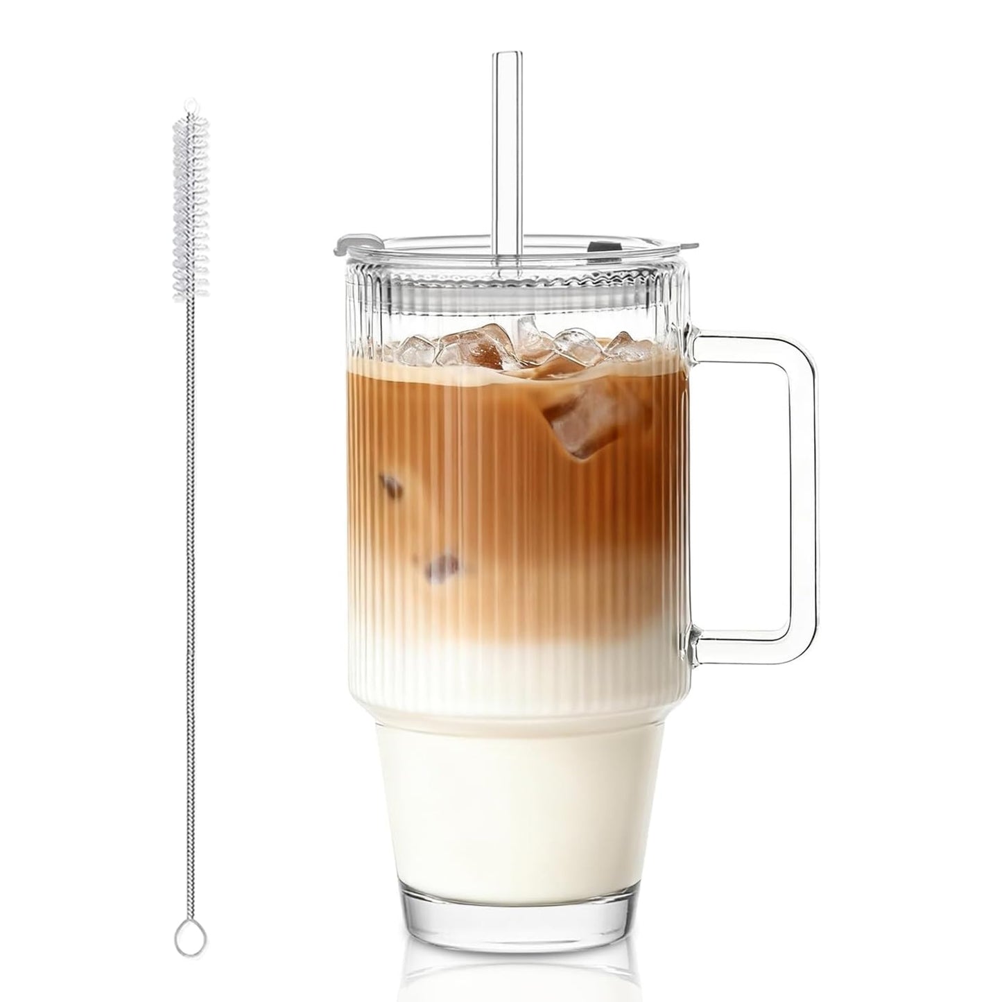 KEMORELA 24 Oz Ribbed Glass Tumblers with Lids and Straws, Tumbler Cup with Handle, Iced Coffee Glassware, Clear Reusable Drinkware for Smoothies and Beverages (1)