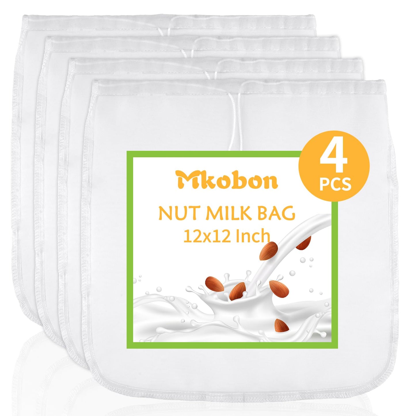 XL 4 Pcs Food Grade Nut Milk Bag Reusable, Grade 100, 12" x 12" Nut Bag Strainer, Fine Mesh Nylon Cheese Cloth Bags for Straining Oat Almond Milk, Greek Yogurt, Juice, Cold Brew Coffee, Beer Tea