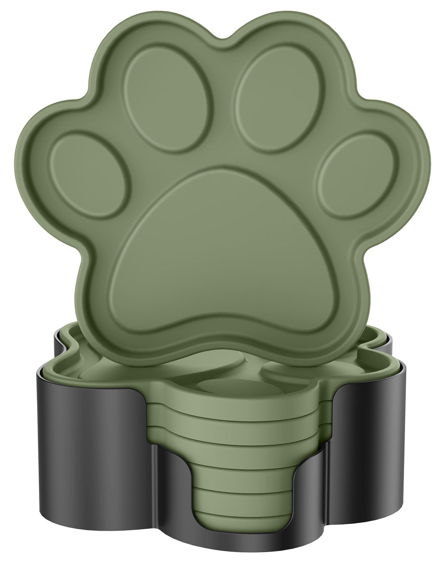ME.FAN Silicone Coasters 6 Pack Paw Cup Mat with Holder, Dog Cat Paw Shape, for Hot or Cold Drink, Non-Slip, Non-Stick, Room Decor, Housewarming Olive Green