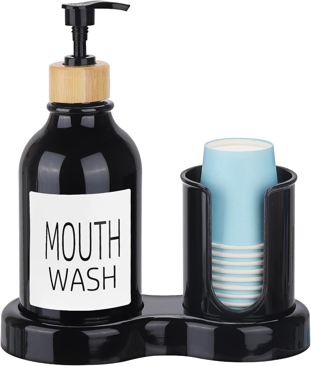 Regine Switzerland Mouthwash Dispenser - 16oz Plastic Holder with Cup and Tray - Black