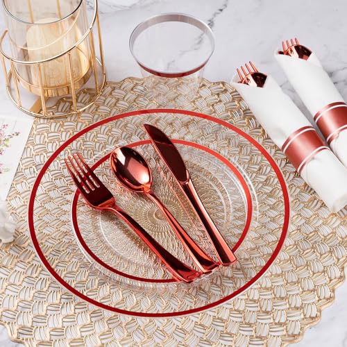 Goodluck 175 Pcs Red Disposable Dinnerware Set for 25 Guests - Clear Plastic Plates & Utensils