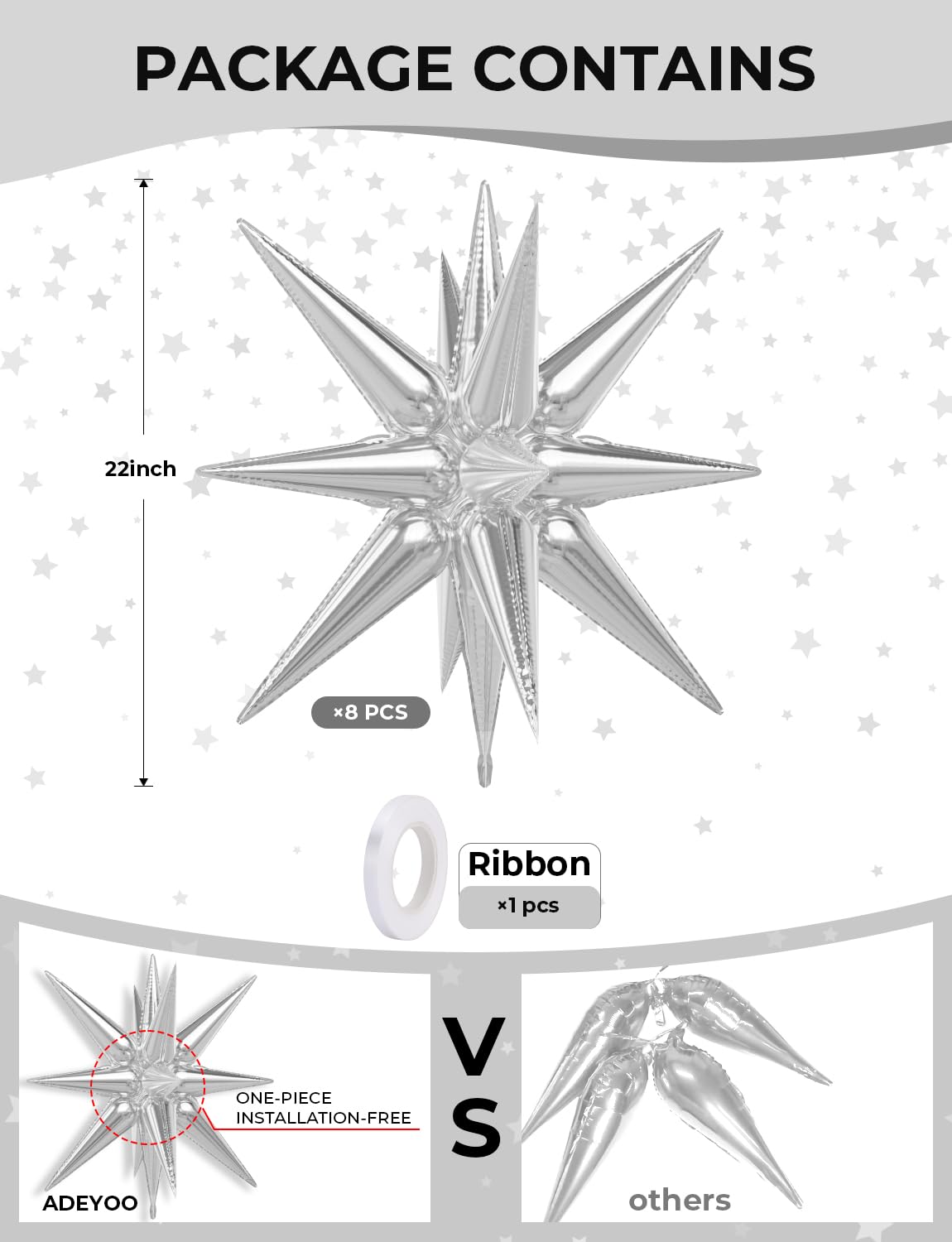 Adeyoo Silver Star Balloons,8Pcs Foil Balloons Explosion Star Balloon One-Piece 14-Pointed Spike Cone Mylar Balloon for Graduation Birthday Wedding Bachelorette Disco Party Decorations