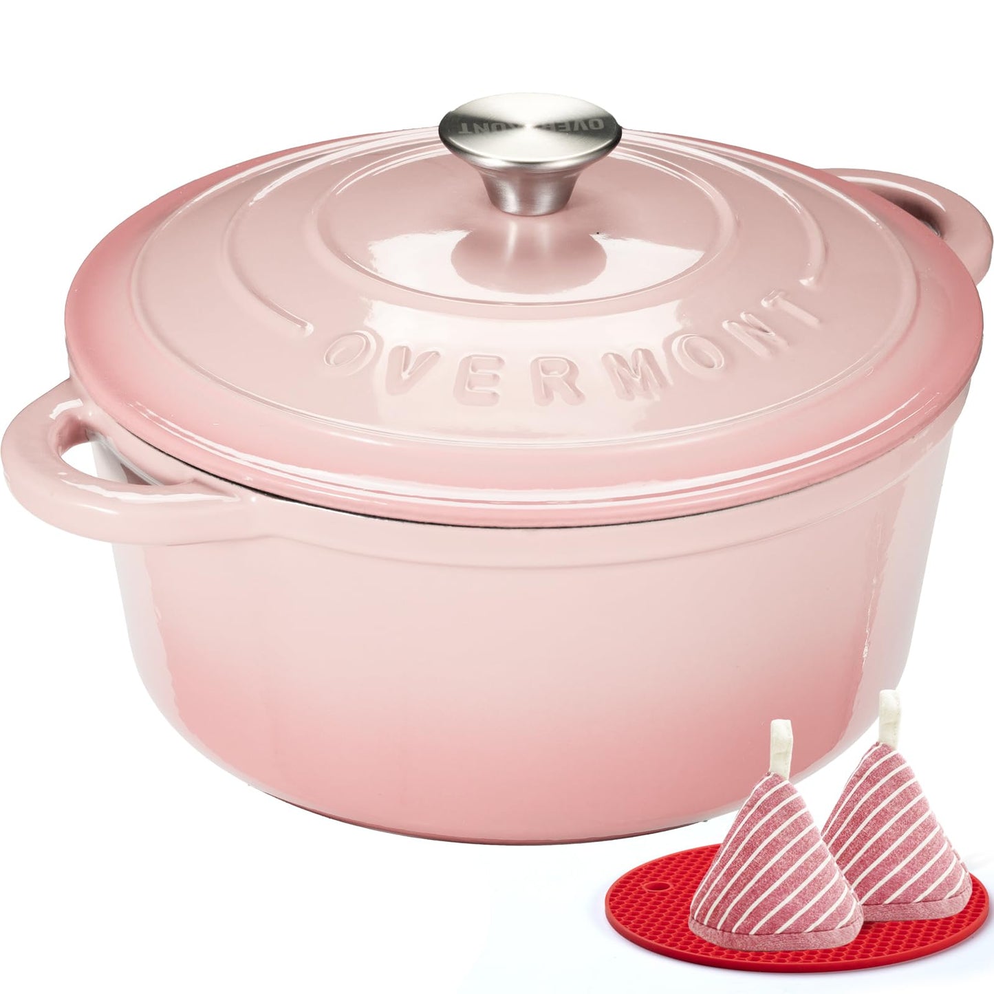 Overmont Enameled Cast Iron Dutch Oven - 5.5QT Pot with Lid Cookbook & Cotton Potholders - Heavy-Duty Cookware for Braising, Stews, Roasting, Sourdough Baking pink