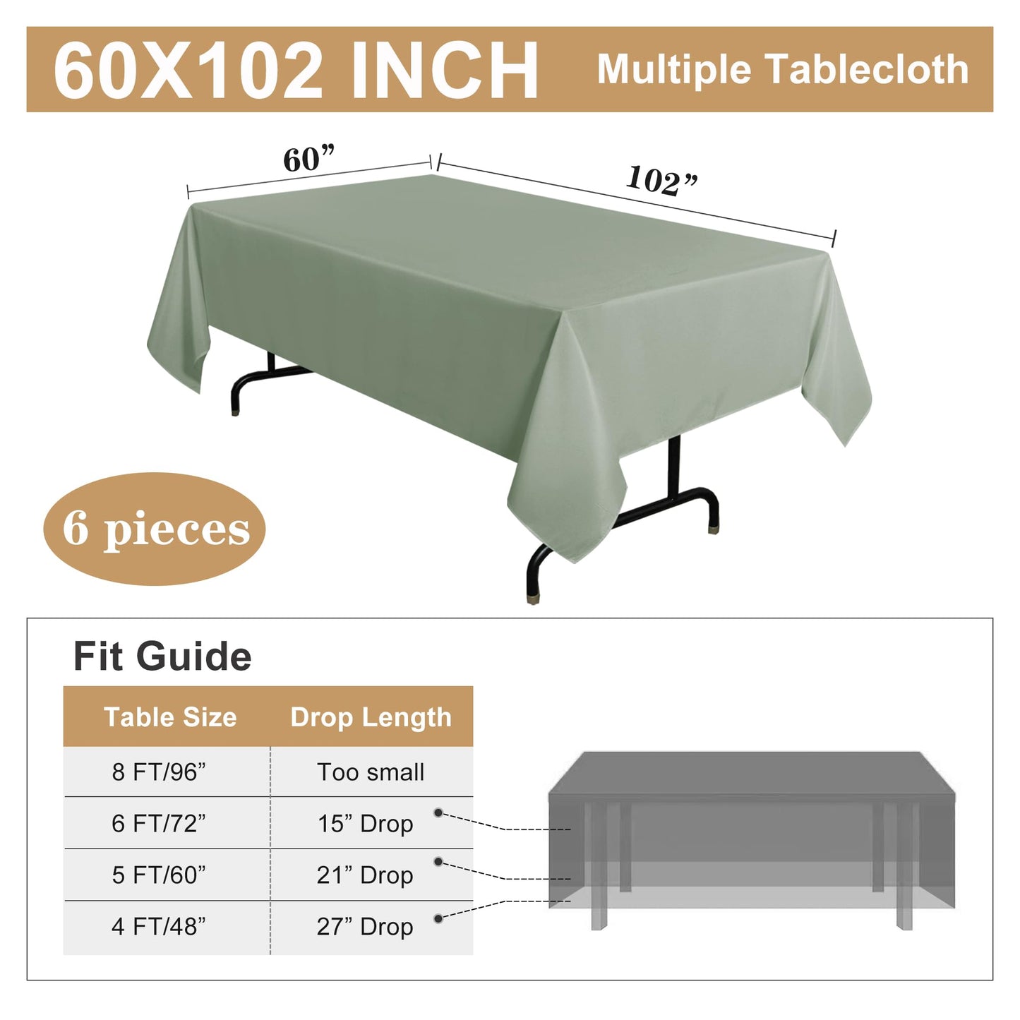 sancua 6 Pack Sage Green Tablecloth 60 x 102 Inch, Rectangle Table Cloth for 6 Feet Tables - Stain and Wrinkle Resistant Washable Polyester Table Cover for Dining Tables, Buffet Parties and Camping