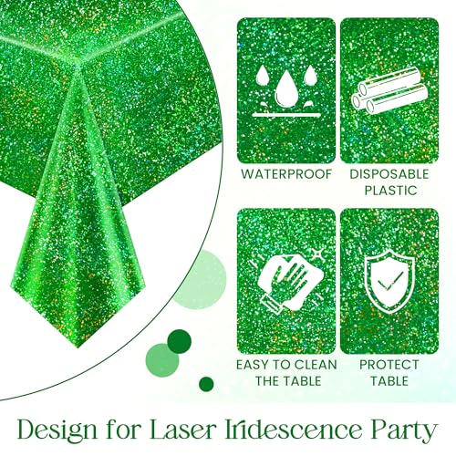 2 pcs Green Holographic Tablecloth 40" x 108" Christmas Table Cloth Shimmer Shining Plastic Metallic Table Cover for Jungle Safari St. Patrick's Day Baby Shower Birthday Party Decoration Supplies