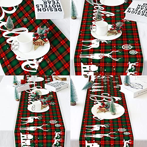Tipbrol Believe Christmas Buffalo Plaid Table Runner - 72 Inch Burlap Red Green Snowman Pattern