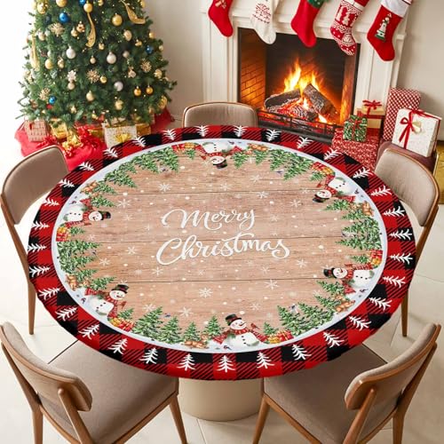Chees D Zone 60-Inch Christmas Snowman Round Tablecloth with Elastic Edge, Fitted Holiday Cover, Rustic Wood Grain Design, Fits 55-60 Inch Tables