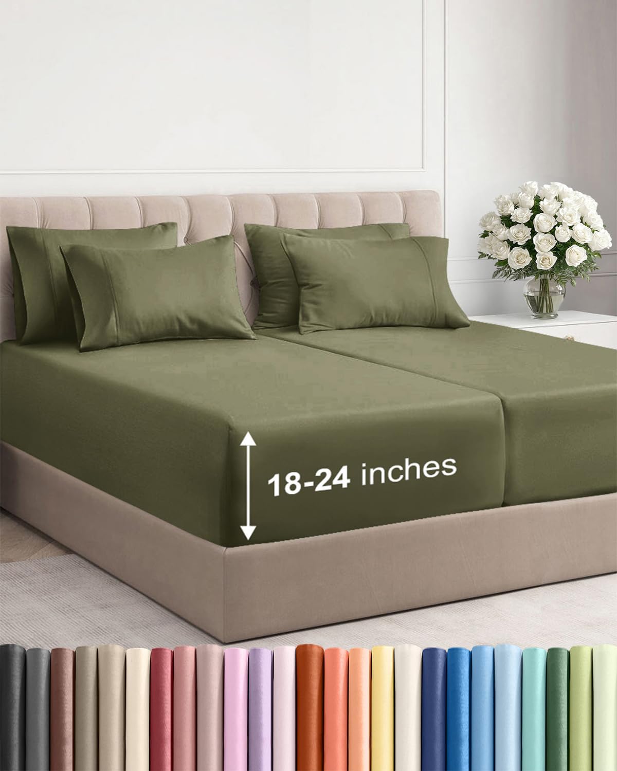Skiennix Extra Deep Split King Sheet Set - 7 Piece Cooling Bedding - Soft, Wrinkle-Free, Sage Green