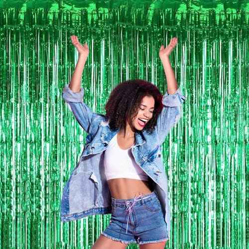 Green Curtains for Party, 3 Pack 3.2ft x 8.2ft Green Streamers, Birthday & Football Party Decorations, Jungle Theme, Photo Booth Props
