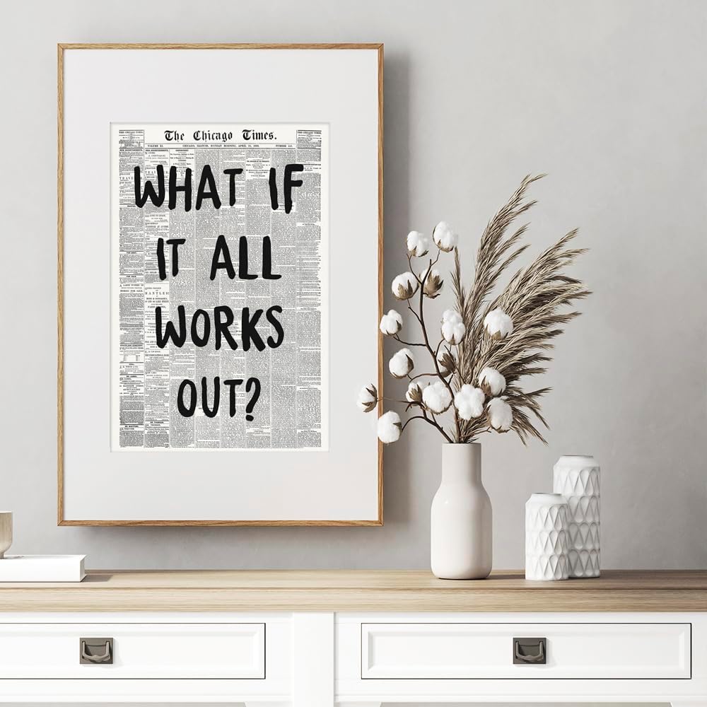 Zphvaqd Trendy Newspaper Canvas Wall Art - "What If It All Works Out" Print | Black & White Home Decor 16 x 24 in Unframed