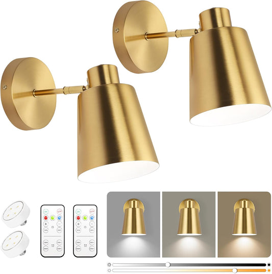Gold Wireless Battery Operated Wall Sconces, Industrial Cordless Battery Powered Led Wall Lights Set of 2, Vintage Wall Lamp Fixture Indoor with Remote Control for Bedroom, Bathroom, Hallway