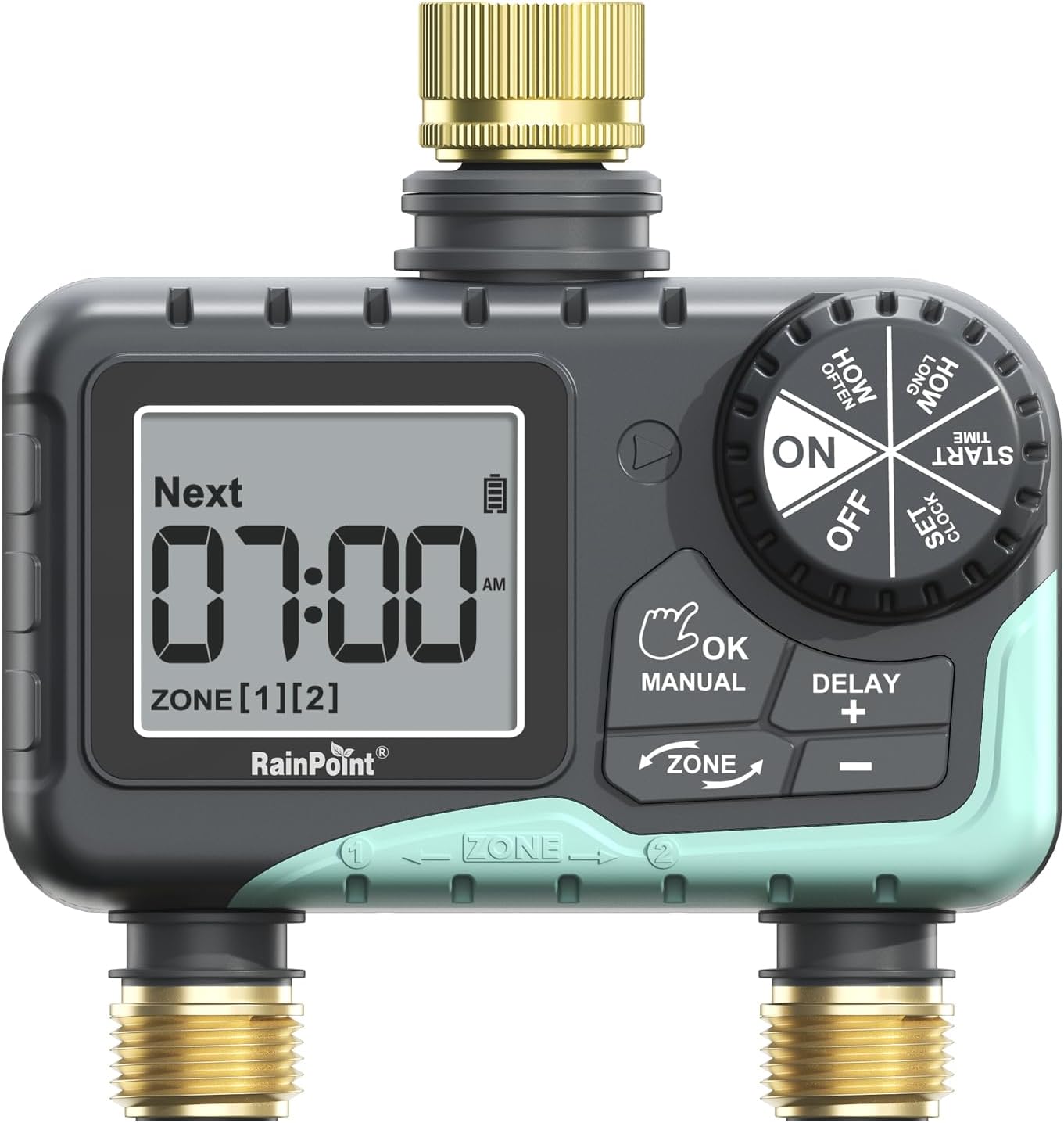 RAINPOINT 2-Zone Sprinkler Timer - Brass Inlet/Outlet for Automatic Irrigation System | Garden Hose Water Timer (Blue)