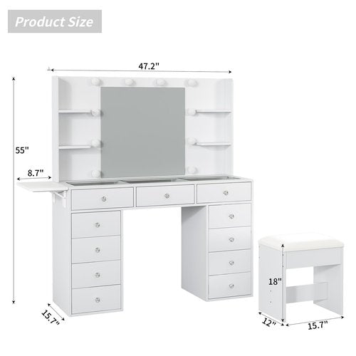 FUSOU Vanity Desk with Power Outlet, 11 Drawers Makeup Vanity with Lighted Mirror, 3 Colors Adjustable, Glass Top Vanity with Chair, 4 Shelves and Fold-up Panel, Dressing Table for Bedroom, White
