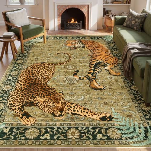 Joydeco 8x10 Large Washable Vintage Tiger Rug for Living Room & Bedroom - Camel