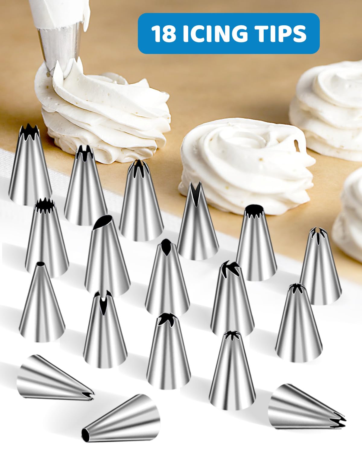 130 Pcs Piping Bags and Tips Set, Cakes Decorating Kit Supplies with 100 Pcs 12 Inch Piping Bags, 1 Reusable Pastry Bags, 18 Tips, 2 Couplers, 2 Bags Ties, 3 Clips, 1 Scriber Needle, 3 Cake Scraper