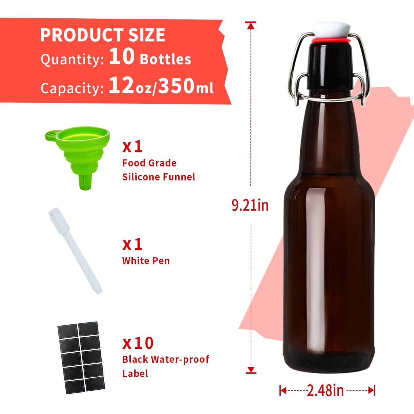 Zelomithe 12oz Amber glass bottle with Airtight Stopper Lids (10 Pack) -Swing Top Glass Bottles-Flip Top Brewing Bottle for Fermentation, Kombucha, Mead, Vinegar, Beer, Kefir, Wine,Soda,whisky