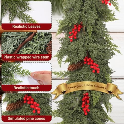 6ft Christmas Cedar Garland with Red Fruits & Pine Cones – Fake Greenery 6FT KARAVA