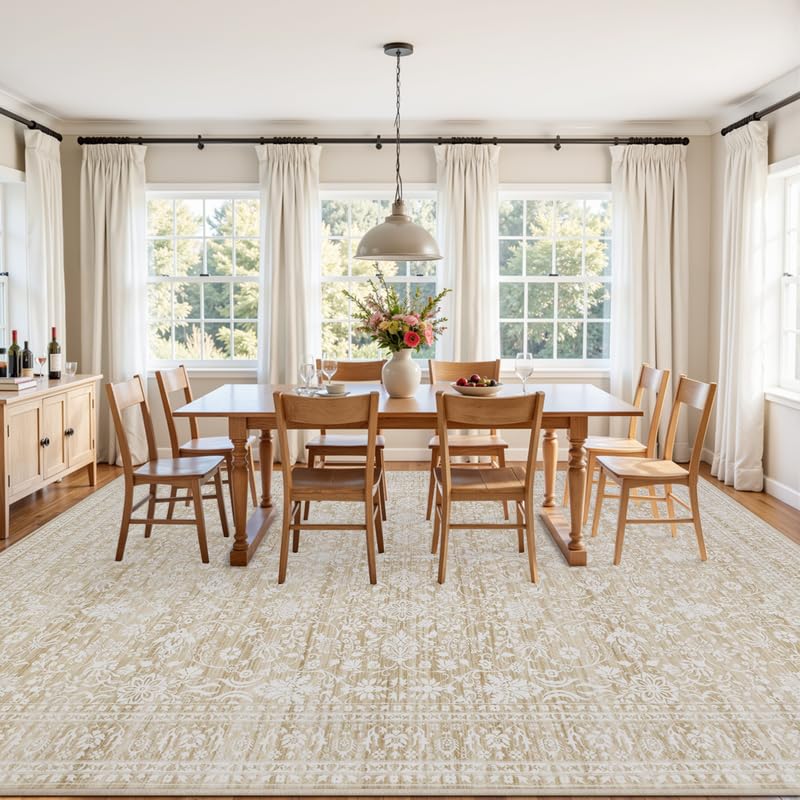 Luxturiy 8x10 Beige Washable Area Rug for Living Room & Bedroom, Soft Low Pile