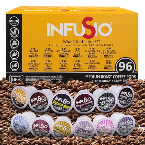 InfuSio World Coffee Pods Assorted 96-Count - 12 Blends, Keurig Compatible