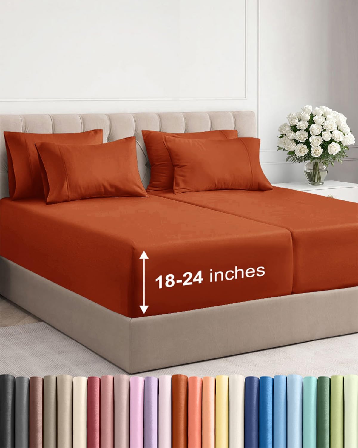 Skiennix Extra Deep Split King Sheet Set - 7 Piece Cooling Bedding - Soft, Wrinkle-Free Terracotta