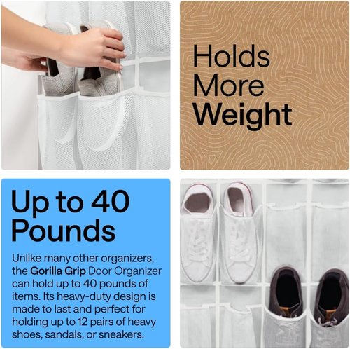 GORILLA GRIP Over The Door Shoe Organizer - 12 Large Breathable Mesh Pockets | Space-Saving Hanging Storage, 64H x 9.5W, White