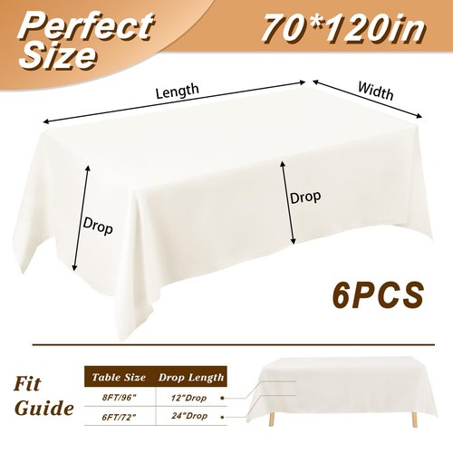 Fixwal 6 Pack Ivory Table Cloth for Rectangle Table, 70 x 120 Inch Polyester Fabric Tablecloths Rectangular, Table Covers 6-8ft for Party, Banquet, Dining, Wedding, Graduation