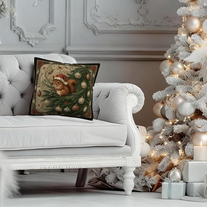 DAYOUER Christmas Tree William Morris Style Squirrel Pillow Cover 18x18 Multicolor