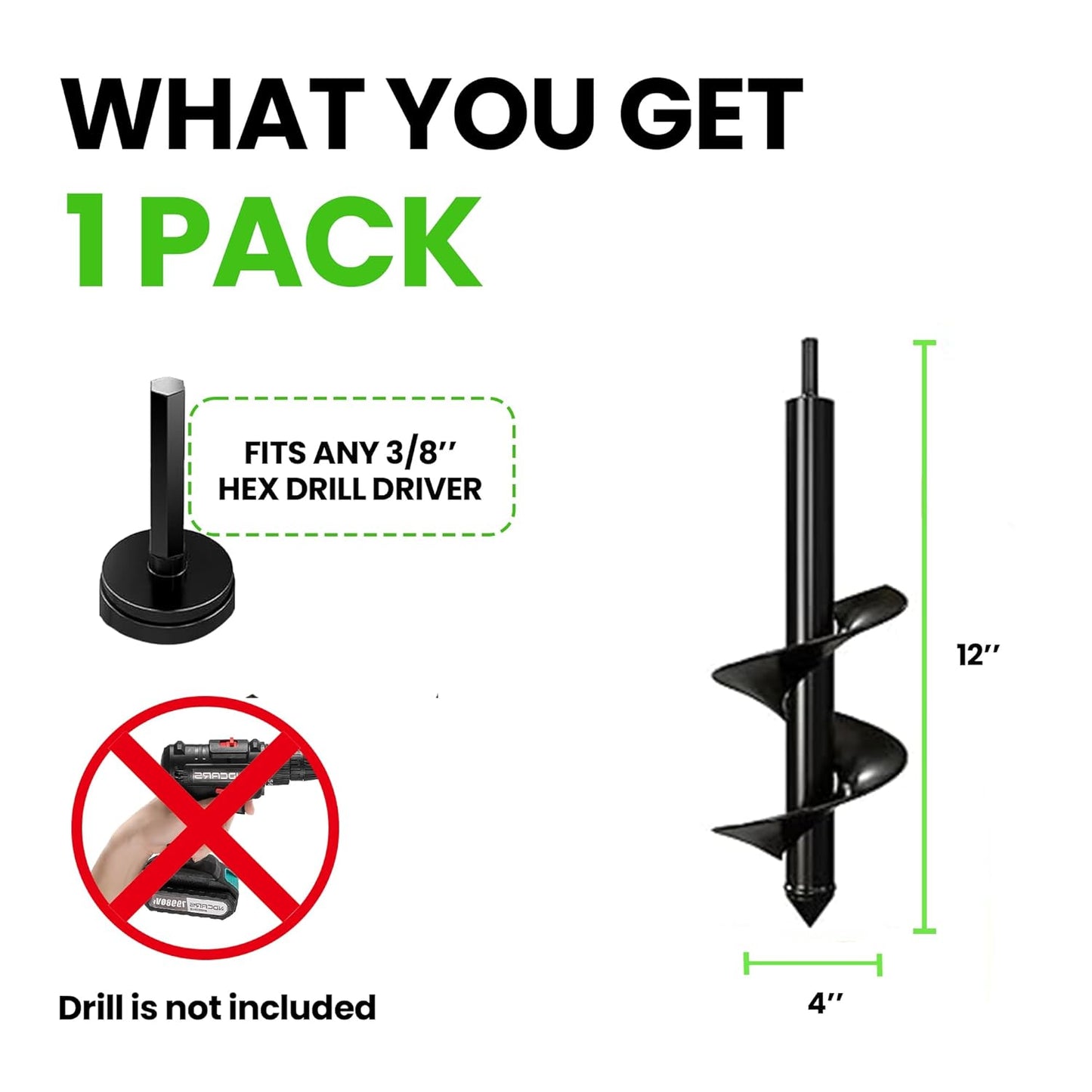 K-Brands Auger Drill Bit for Planting - 4 x 12 Inch Garden Spiral Hole Drill for Bulbs & Bedding Plants | 3/8 Inch Hex Drive