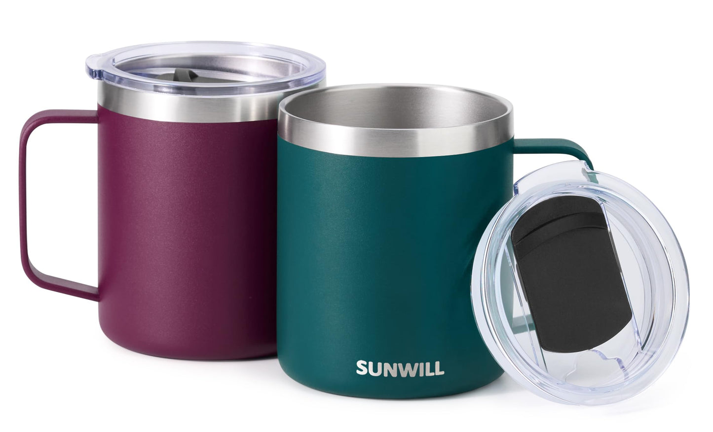 SUNWILL Travel Coffee Mug Set of 2, Insulated Tumbler with Lid, 14 oz Stainless Steel Cup with Handle for Camping, Office, Home, Powder Coated Forest Green & Plum