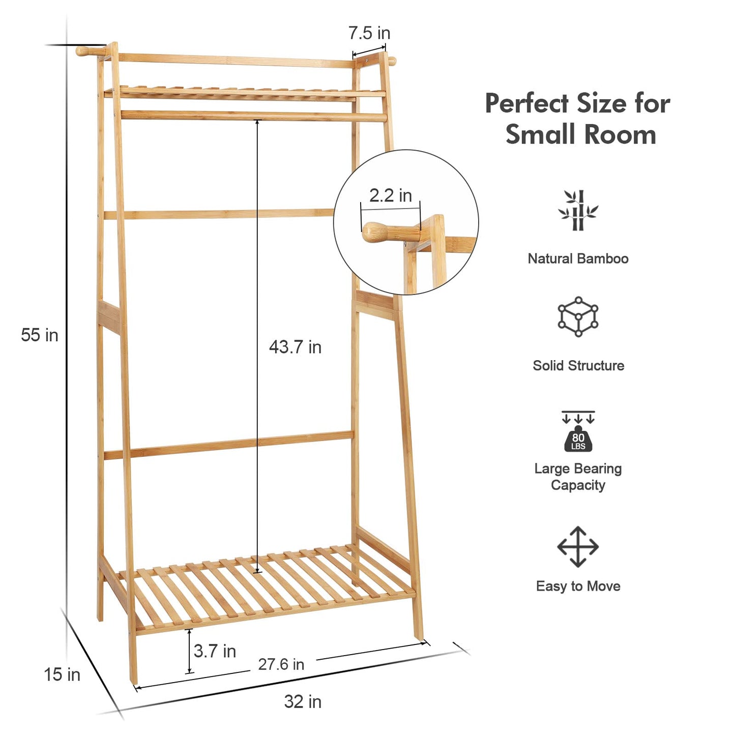 Ufine Bamboo Clothes Hanging Rack with 2 Tier Storage Shelves and 2 Coat Hooks Portable Laundry Rack Cloest Organizer Garment Rack for Bedroom Guest Room