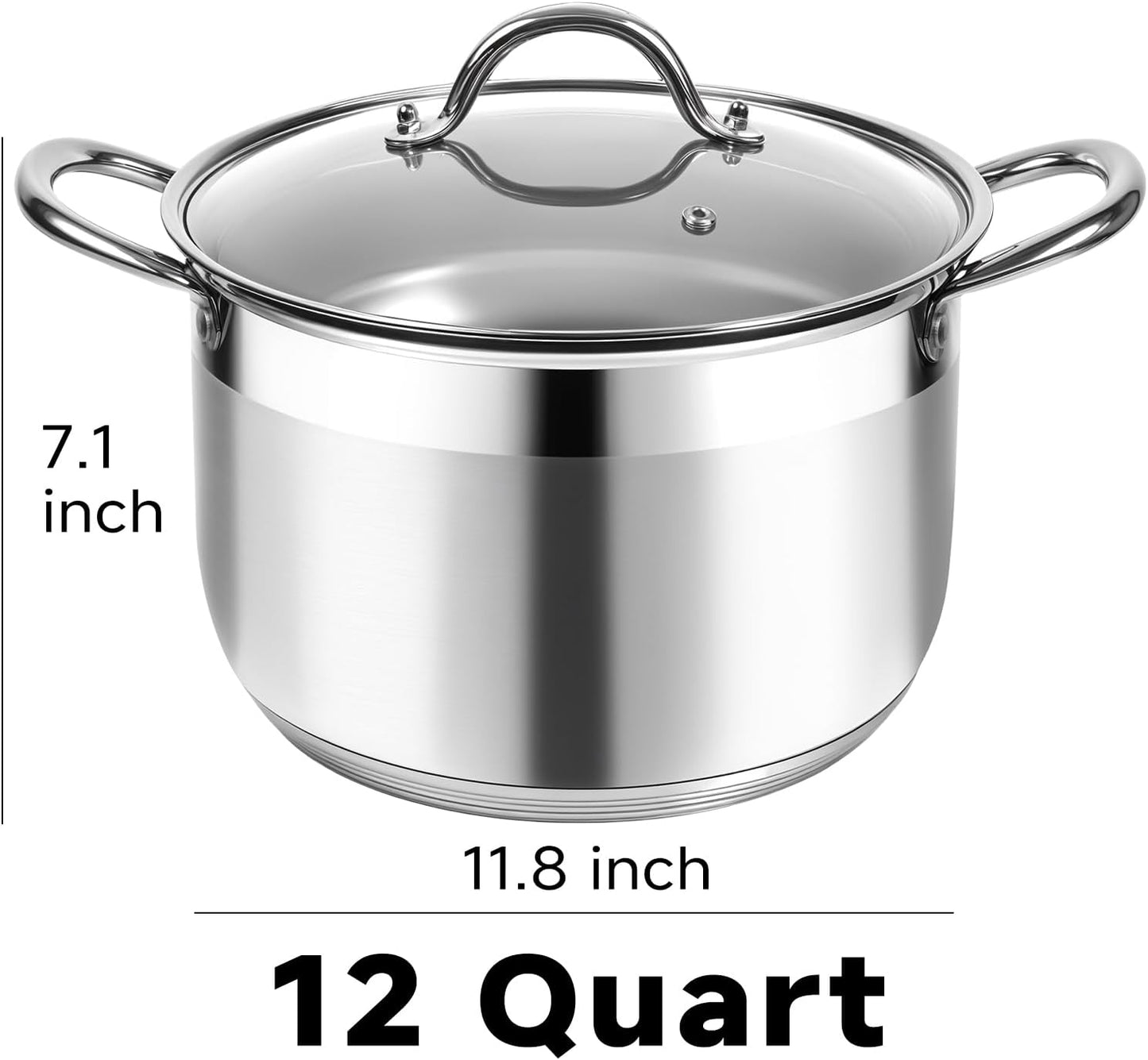Kirecoo Stainless Steel Stock Pot - 12 Quart Heavy-Duty Nonstick Cooking Pot with Visible Lid | Ideal for Pasta, Soup, and Canning